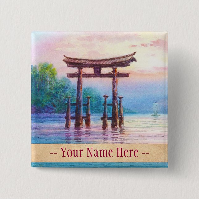 Satta Miyajima Torii and Sailboats japanese art 2 Inch Square Button (Front)