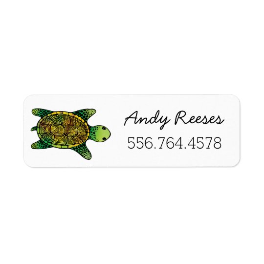 Saturated Green Watercolor Ink Drawn Turtle Return Address Label