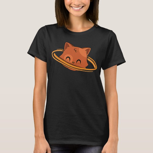 Saturn Galaxy Planet Cat T-Shirt (Front)
