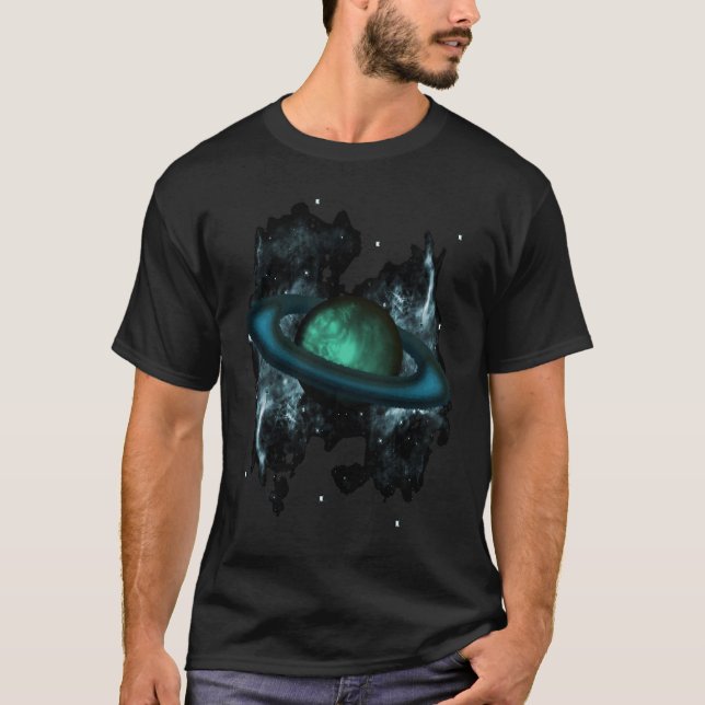 Saturn like ringed planet with Stars and Nebula T-Shirt (Front)