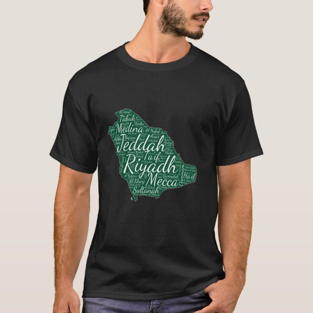 Saudi Arabia Typographic Map, major cities, flag c T-Shirt (Front)