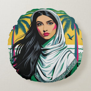 "Saudi Pop Queen – Bold Heritage Art for National Round Pillow