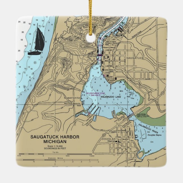 Saugatuck Douglas MI Nautical Chart Ceramic Ornament (Back)