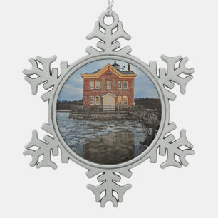 Saugerties Lighthouse in Winter Snowflake Pewter Christmas Ornament