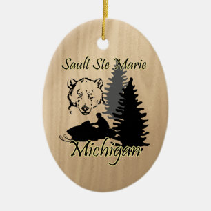 Sault Ste Marie Michigan Snowmobile Bear Ceramic Ornament