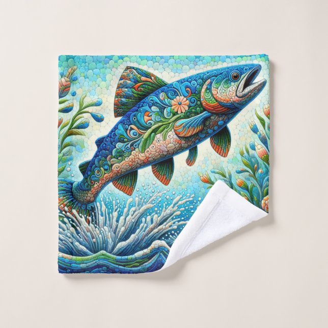Saumon Saut Mosaïque Floral Blue Green Peach (Gant de toilette)