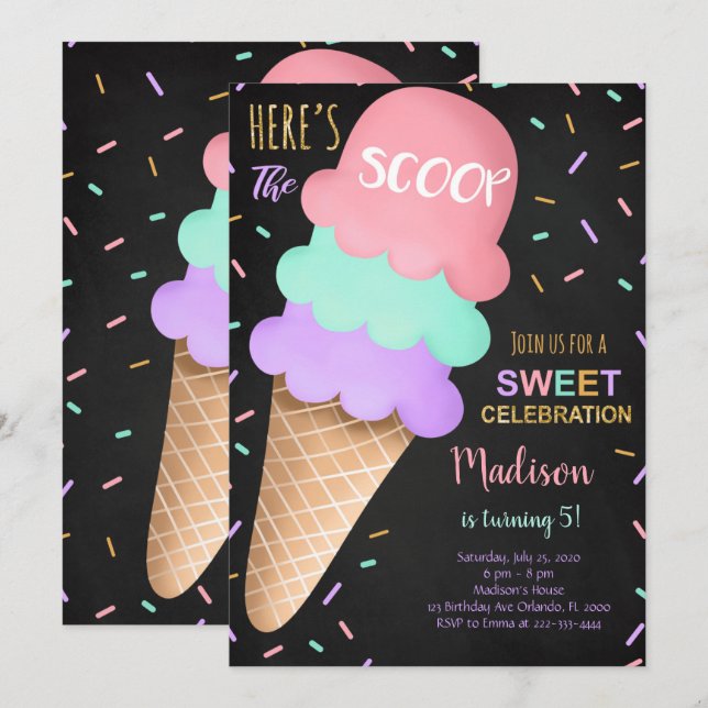 Saupoudrage coloré Black Ice Cream Invitation (Devant / Derrière)