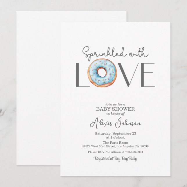 Saupoudré d'Amour Baby shower bleu Invitation (Devant / Derrière)