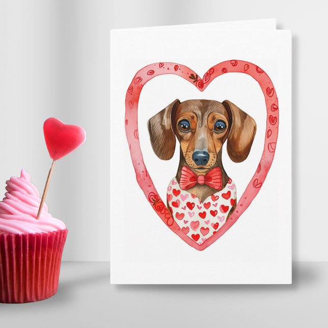 Sausage Dog Valentines Day Watercolor Personalized Holiday Card (Sausauge dog heart frame Valentines day watercolor folded card for cute dog bowtie fun sweet design)