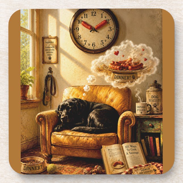 Sausage O’Clock Dreamtime – Surreal Dog Art Coaster (Front)