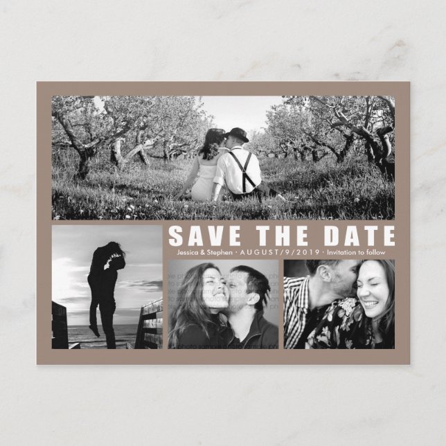 Sauver la date 4 Collage photo Carte postale beige (Devant)