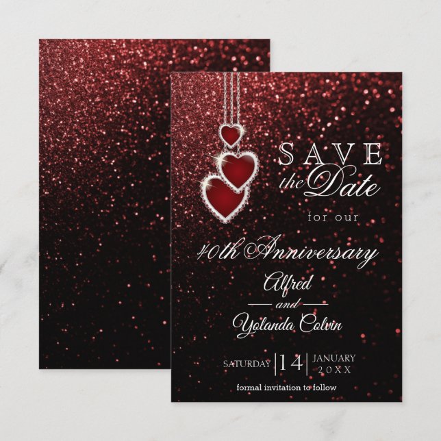 Sauver la date - Invitation Pailletée Rouge (Devant / Derrière)