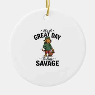 Savage Dog Vintage Engraving T-Shirt Design_1 Ceramic Ornament
