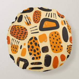 "Savanna Pop: Tribal Vibes in Orange & Black" Round Pillow