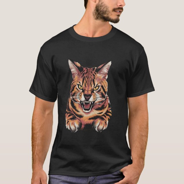 Savannah Cat Funny Design Roaring Serval Cat T-Shirt (Front)