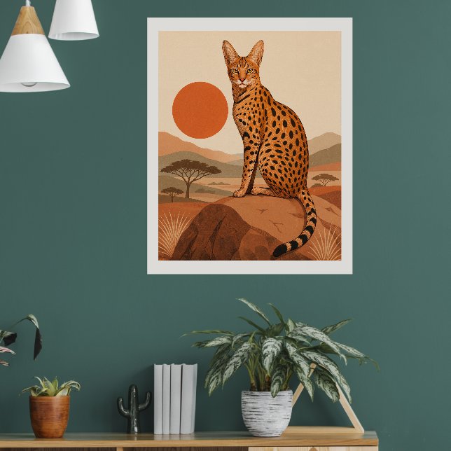 Savannah Cat on Rock Boho Wall Art Print Decor (Living Room 1)