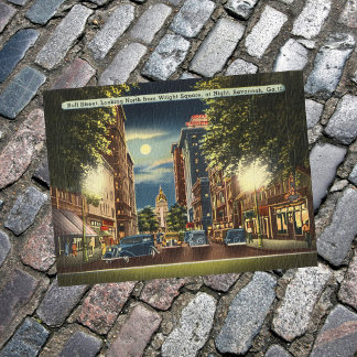 Savannah GA Street Night Vintage Illustration Postcard