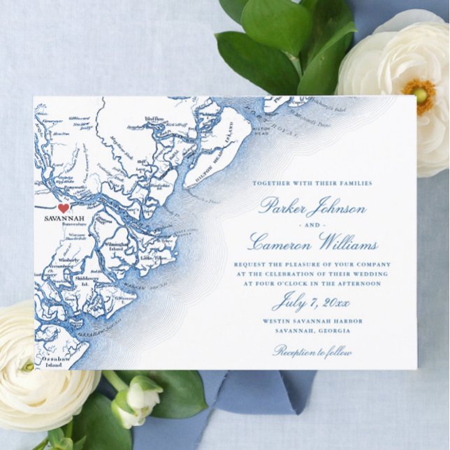 Savannah Georgia Carte Elégant Mariage bleu marine (Elegant Savannah Georgia Map wedding invitation in navy blue with red heart)