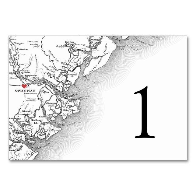 Savannah Georgia Map Elegant Black White Wedding Table Number (Front)