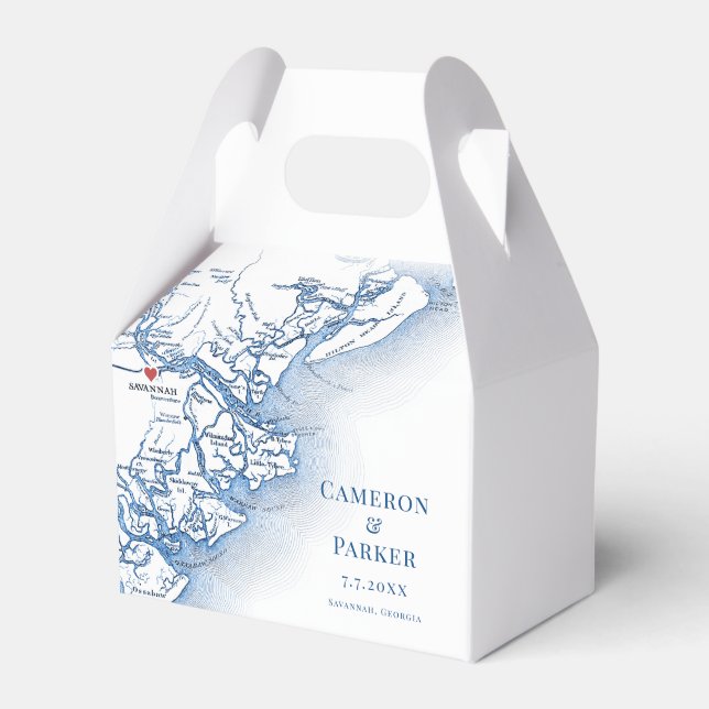 Savannah Georgia Map Elegant Blue Wedding  Favor Box (Front Side)