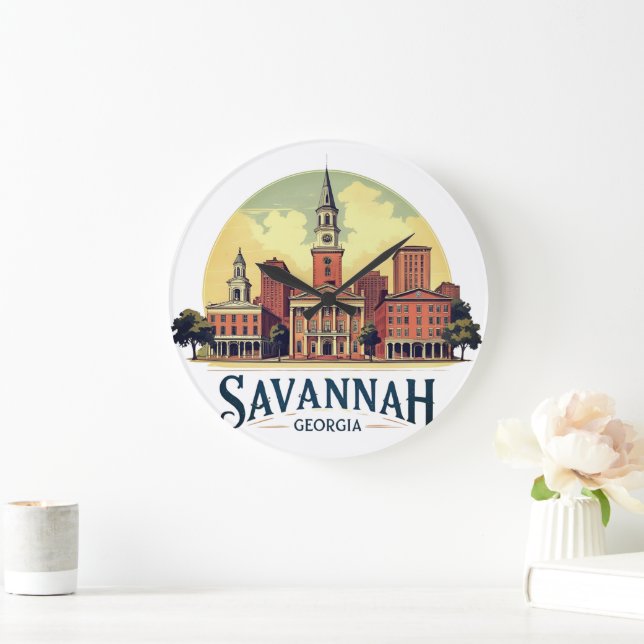 Savannah Georgia Skyline   Large Clock (Home)
