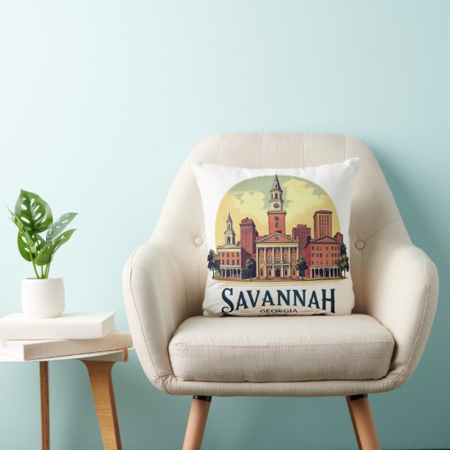 Savannah Georgia Skyline   Throw Pillow (Chair)