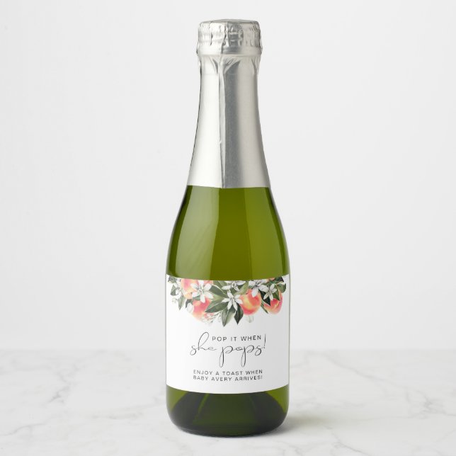 SAVANNAH Peach Baby Shower Pop It When She Pops Sparkling Wine Label (Front)