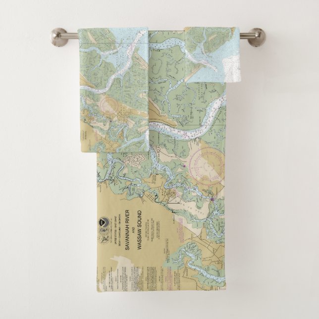 Savannah River and Wassaw Sound Nautical Chart Bath Towel Set (Insitu)