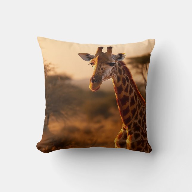 Savannah Sunset: Serene Giraffe Throw Pillow (Front)