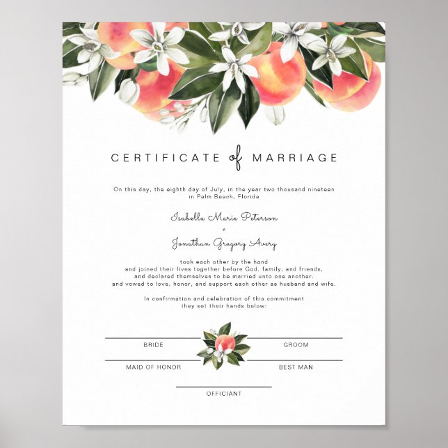 Savannah - Watercolor Peaches Marriage Certificate Poster (Front)