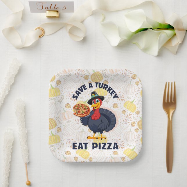 Save A Turkey Eat Pizza Funny Happy Thanksgiving Paper Plate (Wedding)