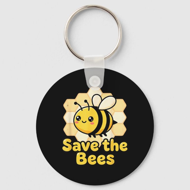 Save Bees Cute Bee Honeycomb Environmental Earth Keychain (Front)
