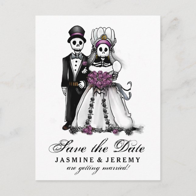 Save Date Halloween Skeletons Purple PostCard (Front)