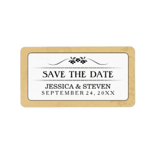 Save Date Label - Tan Black & White Fancy Floral