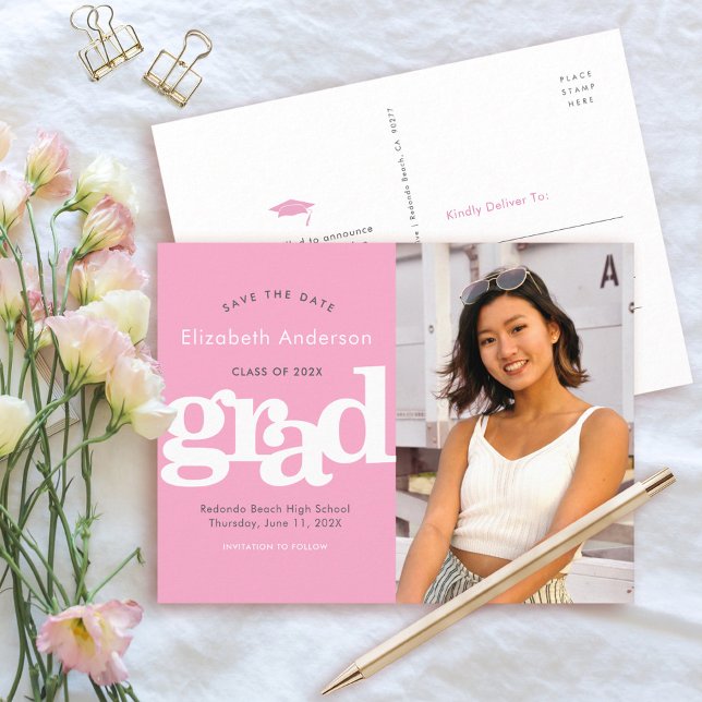 Save date pink graduation photo bold typography invitation postcard (Creator Uploaded)