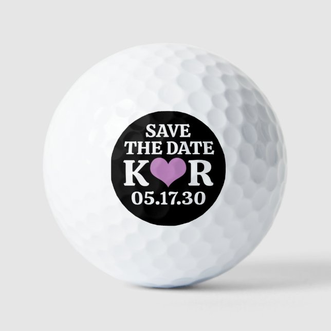 SAVE DATE Purple Heart MONOGRAM Black Background Golf Balls (Front)