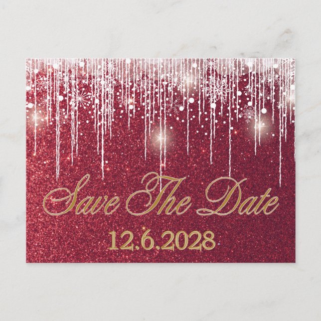 Save Date Red Glitter Drips Corporate Holiday  Postcard (Front)