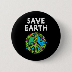 Save Earth Peace Symbol Sign Flowers Environmental 2 Inch Round Button