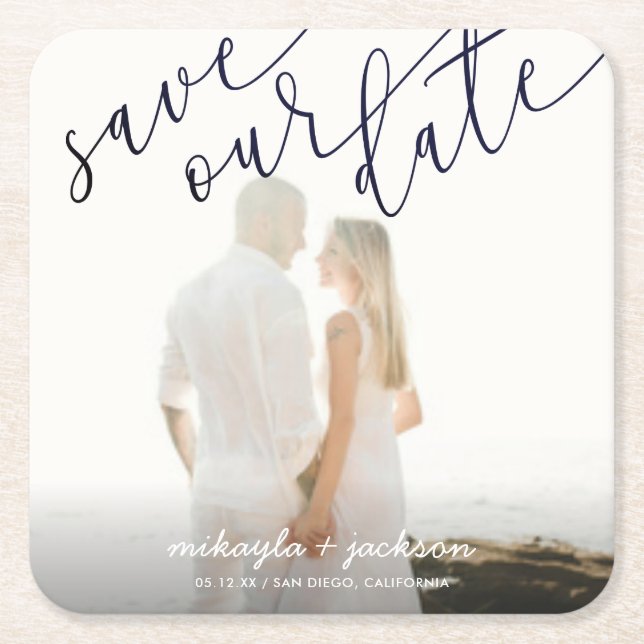 Save Our Date Black & White Script Announcement Square Paper Coaster (Front)