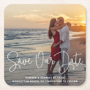 Save Our Date Elegant Script Photo Save the Date Square Paper Coaster