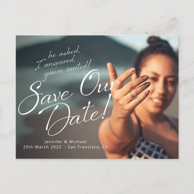 Save Our Date Engagement Ring Custom Photo Announcement Postcard (Front)