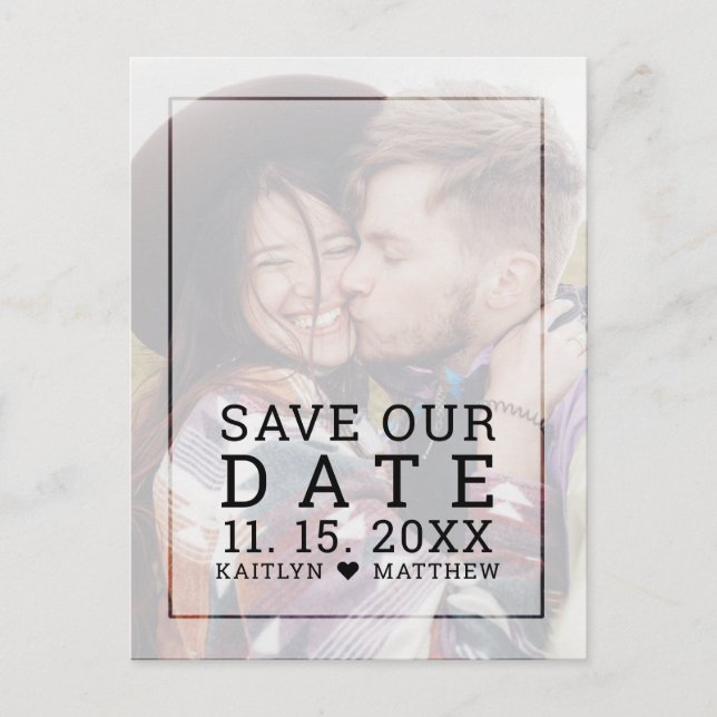 Save Our Date Faded Photo Minimalist Typography Announcement Postcard (Front)