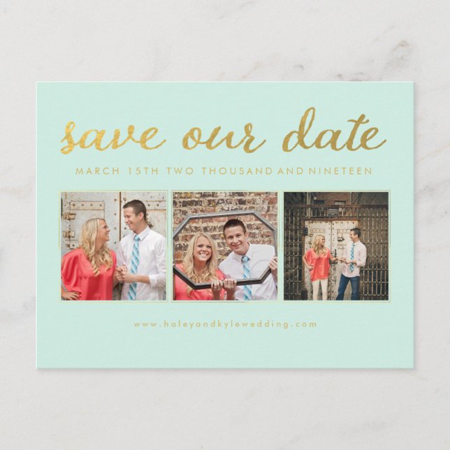 Save our Date Mint Gold Typography Photo Postcard (Front)