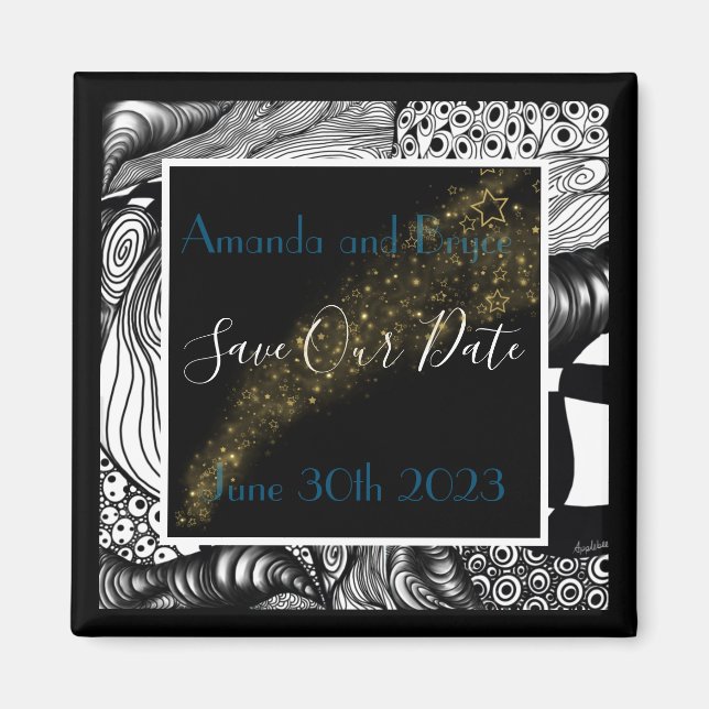 Save our date modern elegant black white and gold magnet (Front)