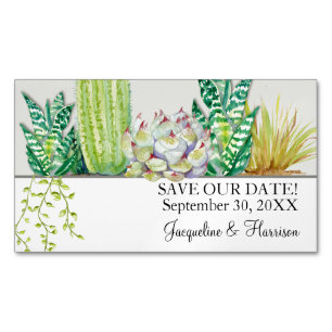 Save Our Date Watercolor Desert Cactus n Succulent Magnetic Business Card
