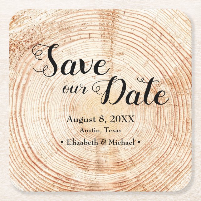 Save our date Wood grain Wedding Rustic  Square Paper Coaster (Front)