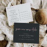 Save Our New Date Modern Wedding Postponement Announcement Postcard<br><div class="desc">Need to change your wedding date? Notify guests with this modern and lighthearted postcard featuring "save our new date" in faux rose gold foil handwritten lettering on a rich, soft black background. Personalize with your names and new wedding date beneath in white lettering. Postcards reverse to show additional wedding details,...</div>
