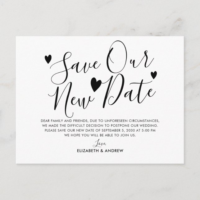 Save Our New Date Plans Heart Wedding Postponement Announcement Postcard (Front)