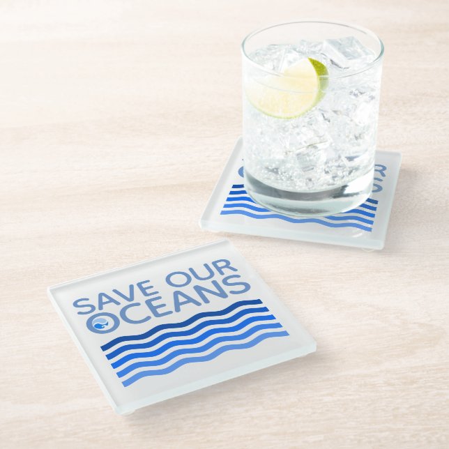 Save Our Oceans Blue Stylized Earth Waves Glass Coaster (Angled)