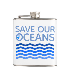 Save Our Oceans Blue Stylized Earth Waves Hip Flask